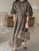Women's Lapel Lantern-Sleeve Long Shirt Dress
