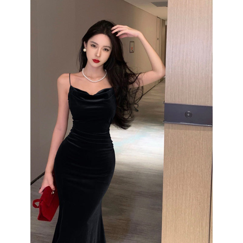 High-grade French Vintage Velvet Waist Trimming Spaghetti Straps Long Dress