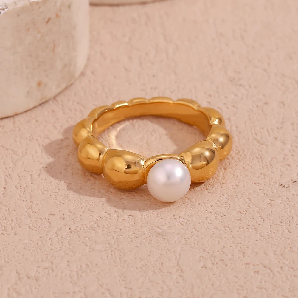 Anillo de perlas con ondas de encaje, chapado en oro de 18 quilates, joyería de acero inoxidable resistente al agua