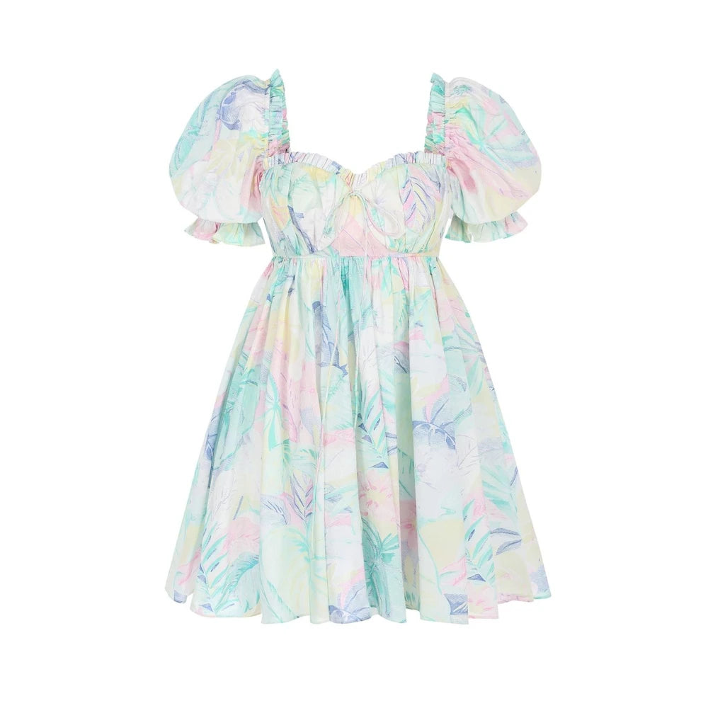 Enchanted Floral Tie-Dye Mini Dress with Backless Bow-Tie Detail