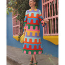 Women's Geometric-Print Three-Quarter Sleeve Midi Dress