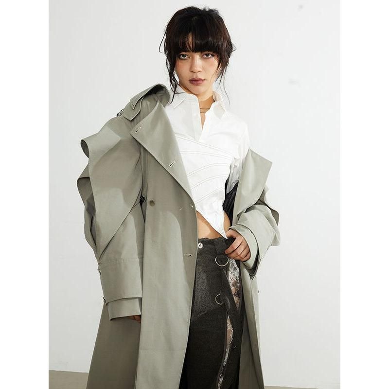 Women's Double-Breasted Trench Coat with Irregular Hem