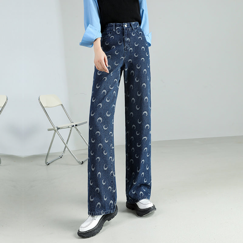 Women's High-Waist Moon Print Baggy Jeans: Casual Vintage-Inspired Denim