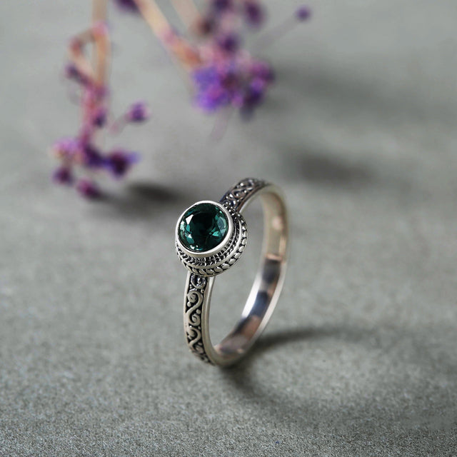 S925 Silver Vintage Ring Round Green Crystal Inlaid - Dazpy