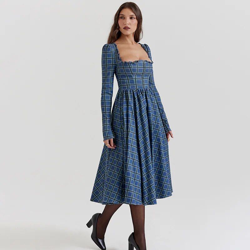 Elegant Plaid A-line Midi Dress