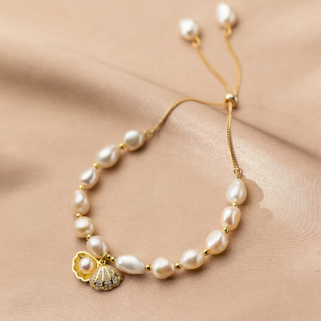 S925 Silver Pearl Diamond Inlaid Shell Small Gold Bead Bracelet - Dazpy