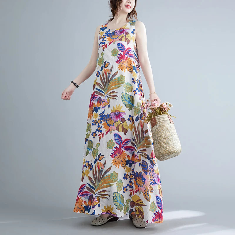 Floral Print Cotton Linen Long Dress