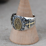 Golden Deer King S925 Silver Vintage Craft Golden Cross Maria Open Ring Wholesale Men And Women Hammered Ring - Dazpy