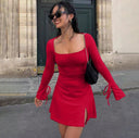 Square-Neck High-Waist Bell-Sleeve Dress
