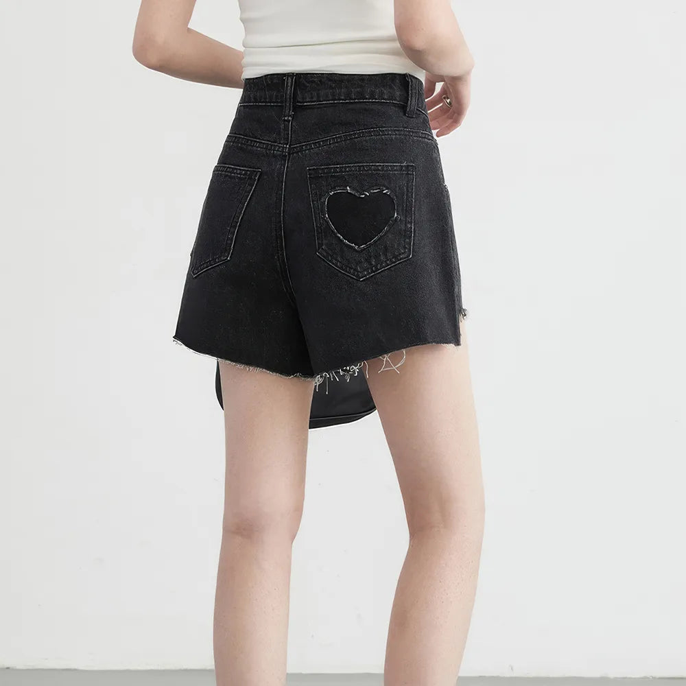 High Waist Asymmetric Hem Denim Shorts