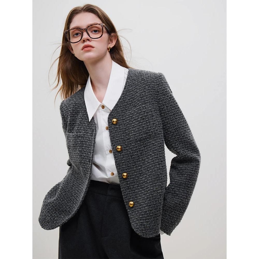 Elegante chaqueta de tweed de lana de invierno para mujer