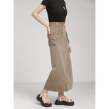 Autumn Vintage High Waist Denim Cargo Skirt with Pockets