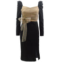 Vestido largo de manga larga con lunares y lazada en la cintura