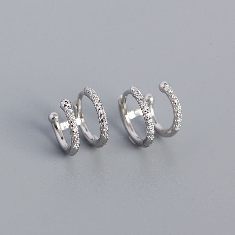 S925 Silver Geometric Metal Double Round Micro Inlaid Zircon Ear Buckle Earrings - Dazpy