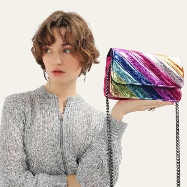 Colorful Striped Flap Handbag with Metal Chain