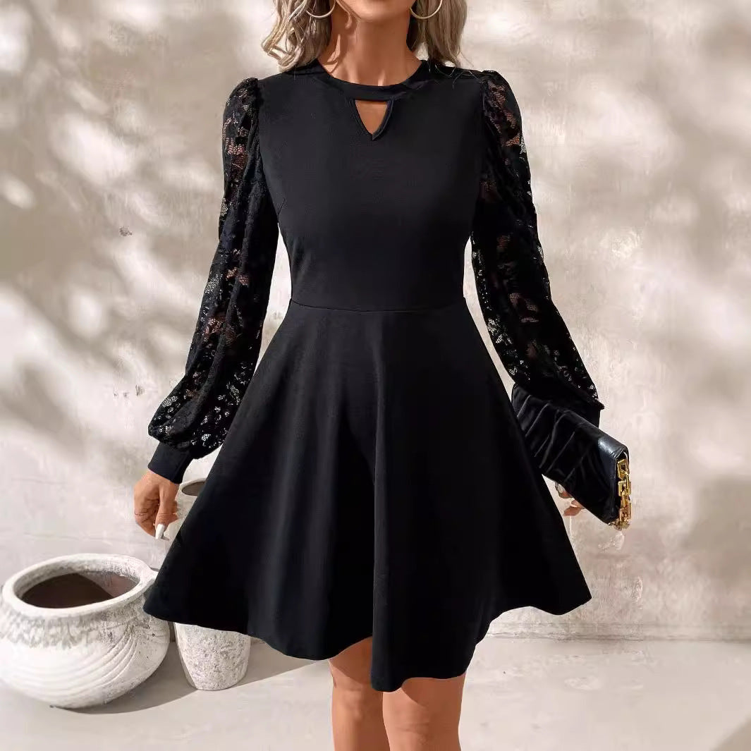 Vestido elegante de mujer negro con escote redondo, costura de encaje, manga larga, dobladillo acampanado y ajustado