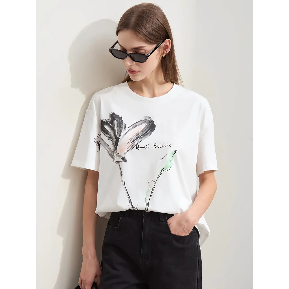 Damen T-Shirt mit minimalistischem Tinten-Kunstdruck