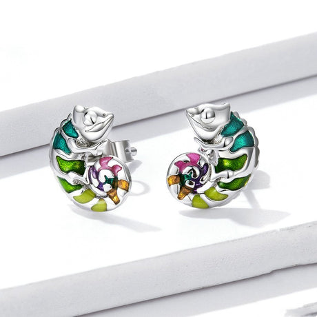 Sterling Silver S925 Chameleon Stud Colorful Drop Oil Plated Platinum Small Animal Fashion Earrings - Dazpy