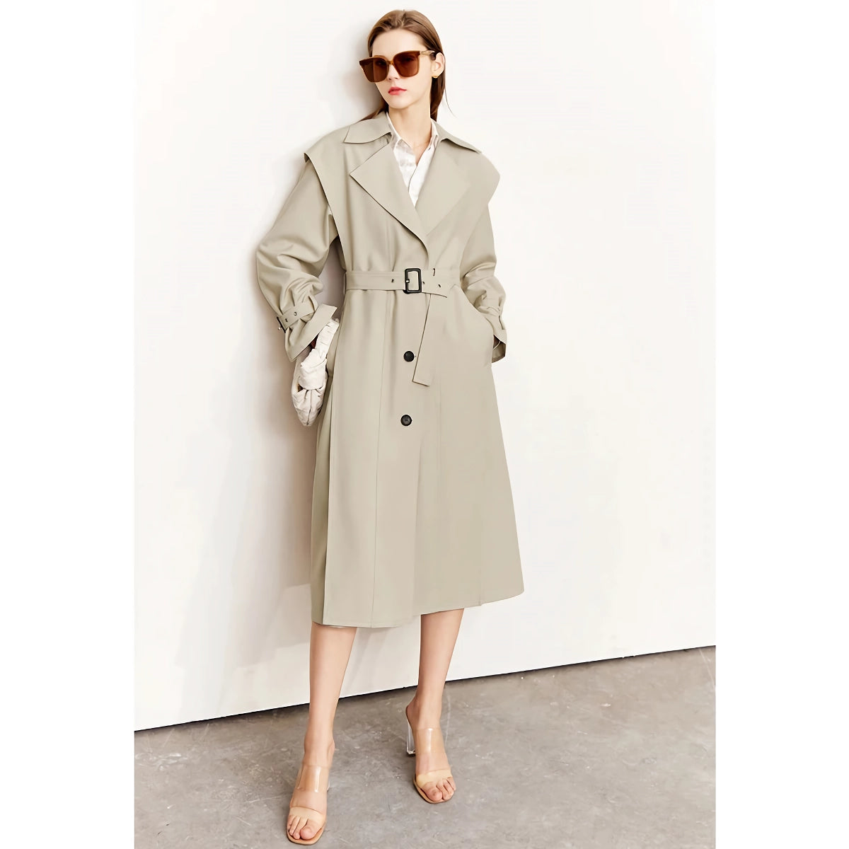 Minimalistischer langer Trenchcoat für Damen – Herbstlicher Umlegekragen, Patchwork, einreihig