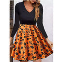 Vestido de Halloween con cuello en V y estampado de calabazas naranjas para mujer