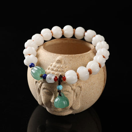 White Bodhi Root Carved Pumpkin Bead Jade Lotus Wenju Bracelet - Dazpy