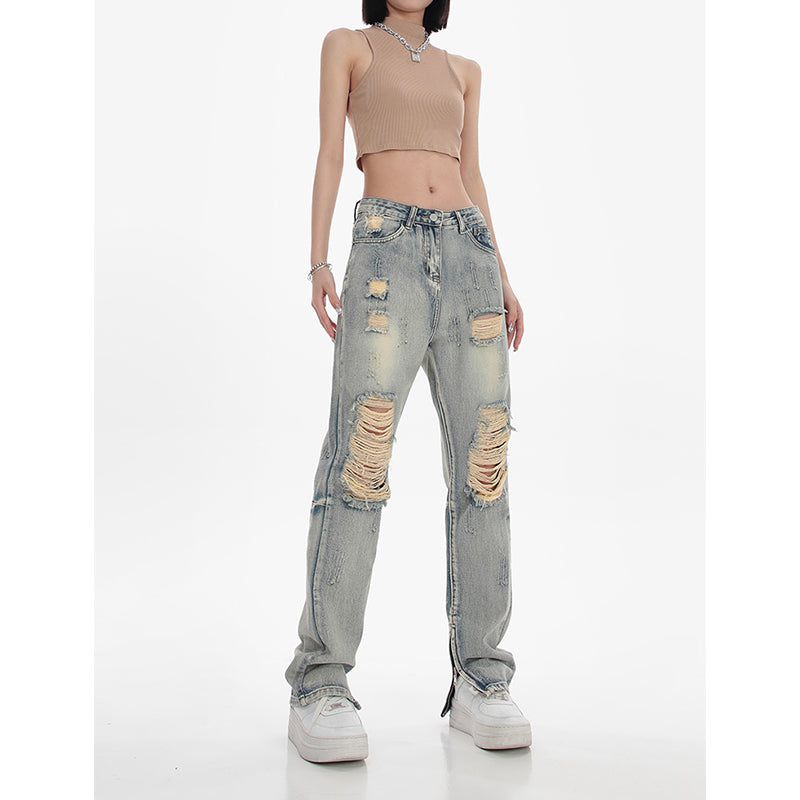 High Waist Ripped Straight Jeans for Women