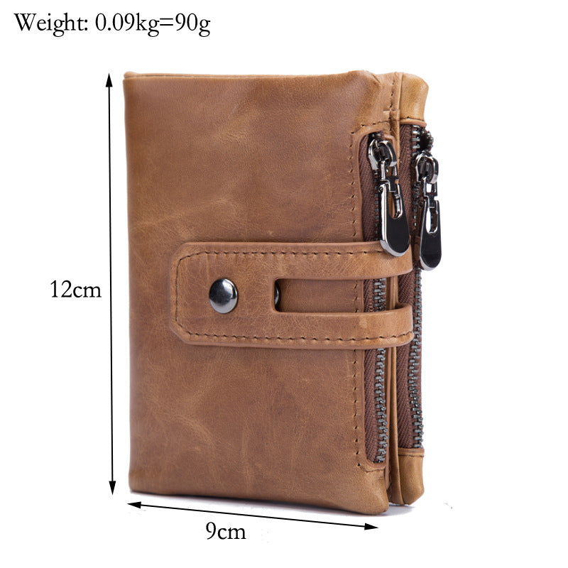 Oil Wax Leather Wallet Anti-Theft Short Men's Wallet Double Zipper Large Capacity Wallet - Dazpy