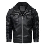 Hooded PU Leather Jacket Men's Winter Fleece Padded Coat European Size