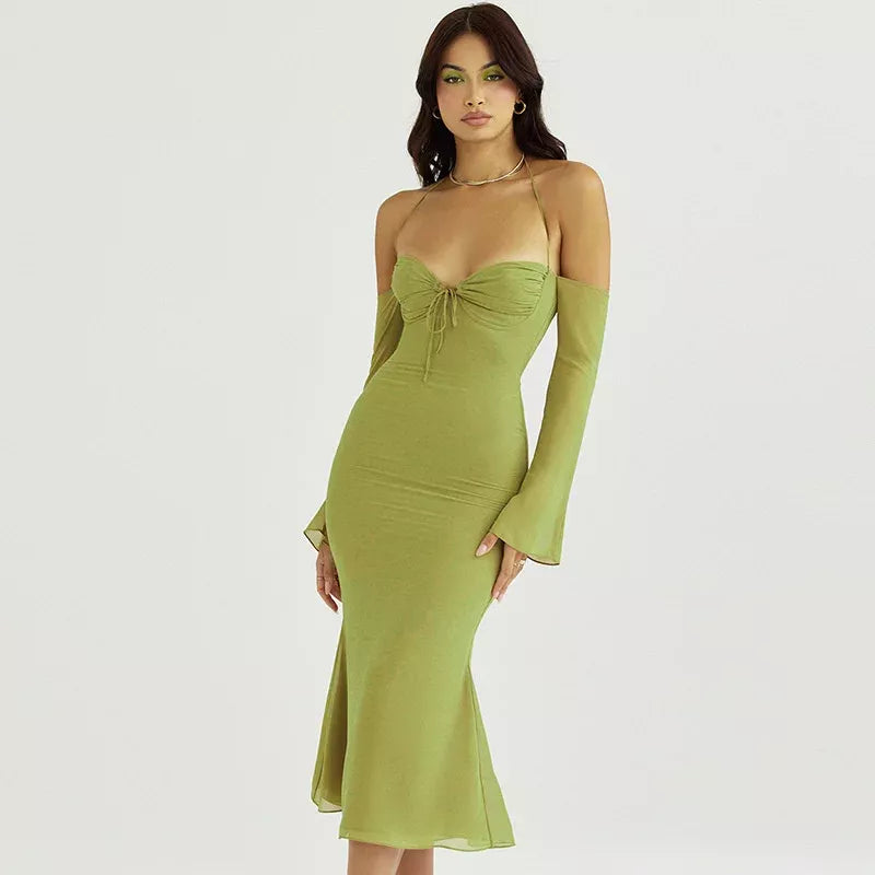 Elegant Off-Shoulder Lace-Up Mesh Midi Dress