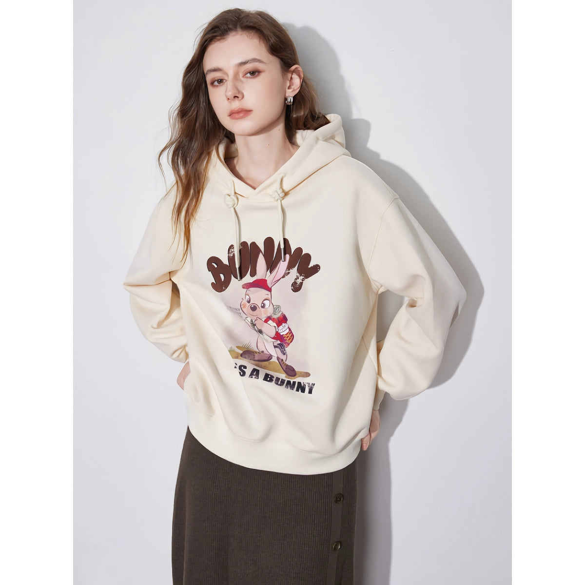 Sudadera con capucha y estampado de conejo para mujer: sudadera informal