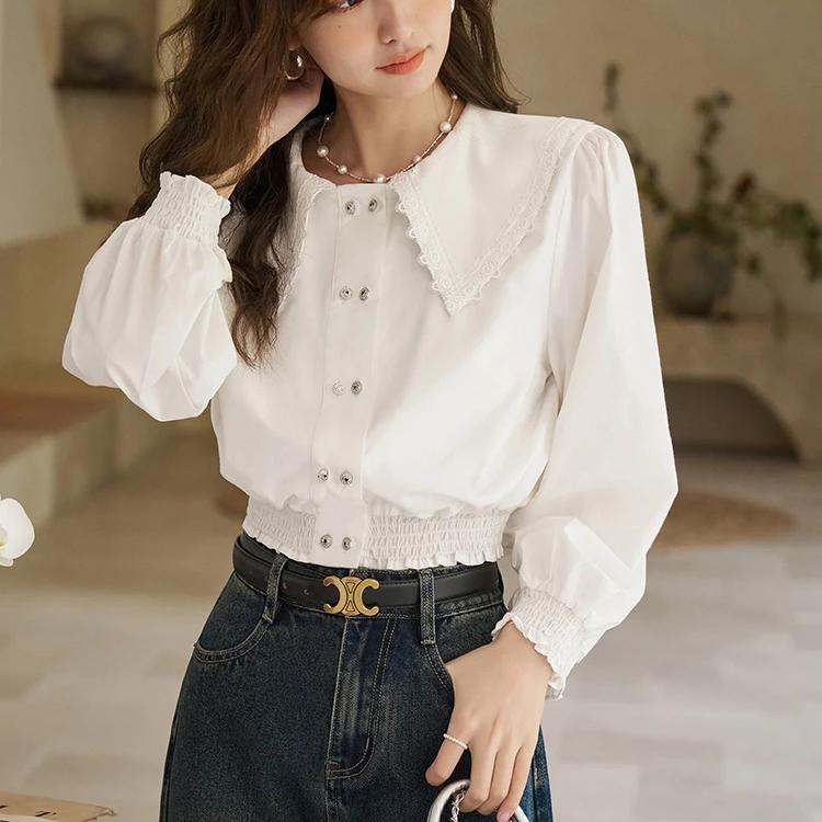 Blusa de encaje con cuello de muñeca coreana y mangas abullonadas