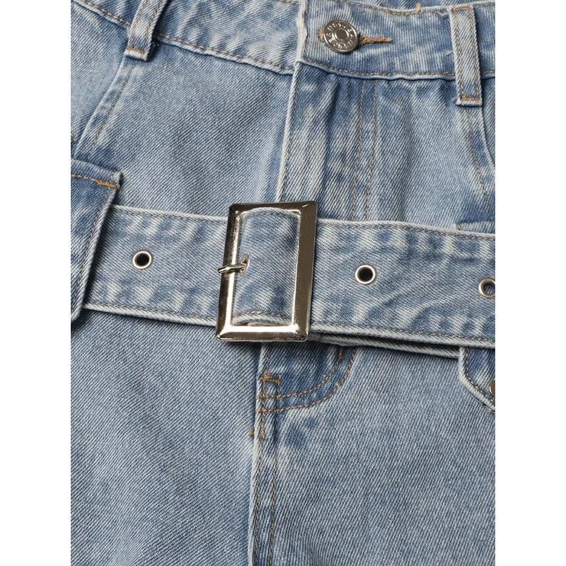 High Waist Casual Straight Denim Trousers with Hollow Out Detail