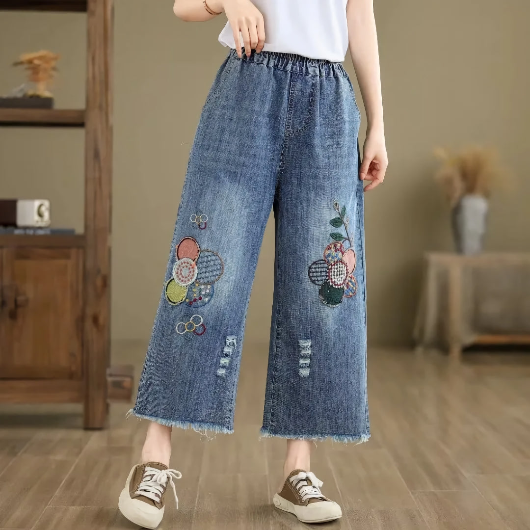 Floral Embroidered Vintage Jeans for Women