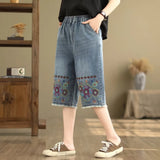 Summer Vintage Floral Embroidered Wide-Leg Denim Capris