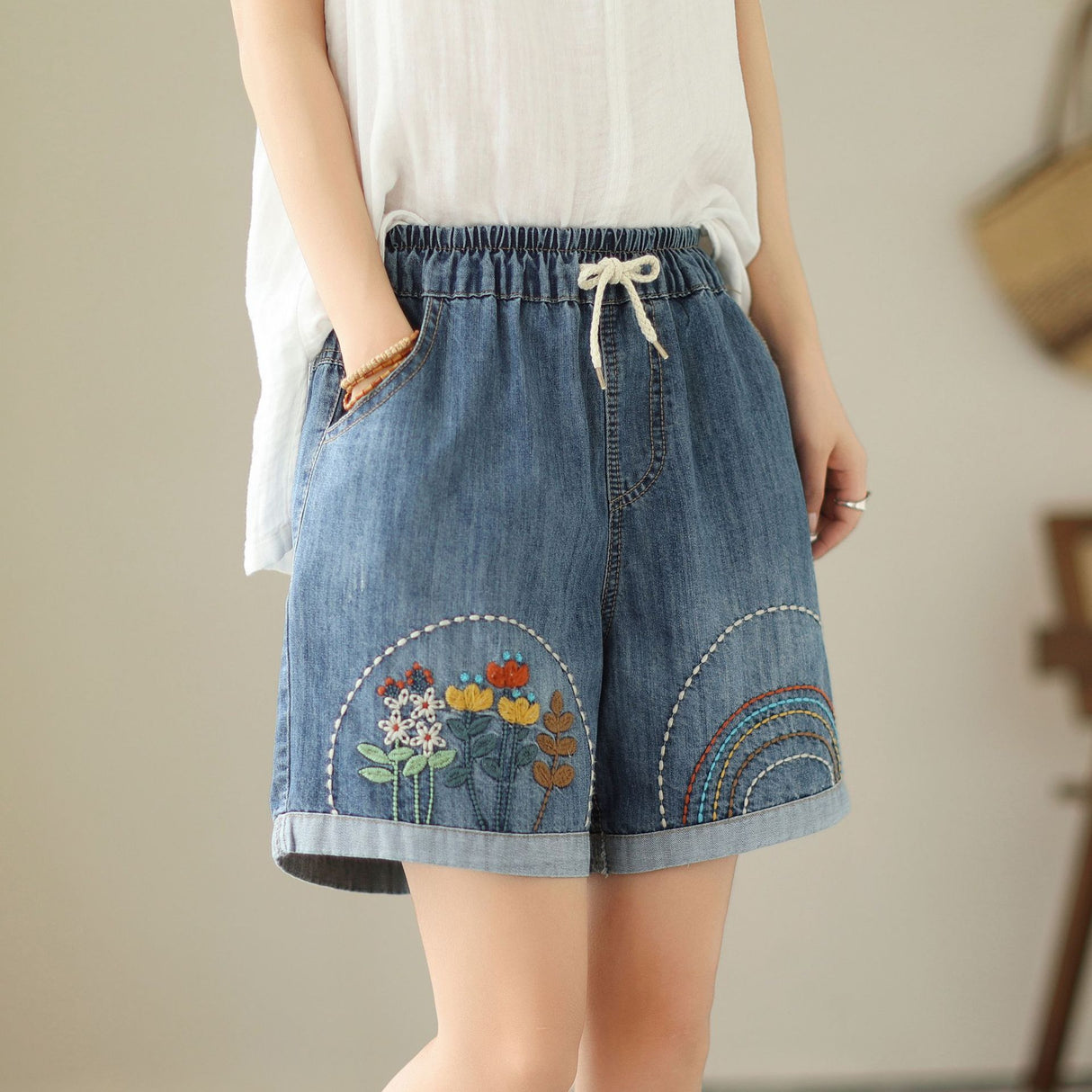 Floral Embroidered Denim Harem Shorts