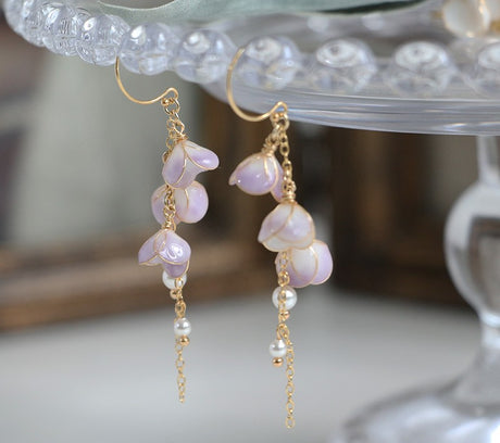 Handmade Flower Bell Orchid Petal Flower Long Tassel Earrings - Dazpy