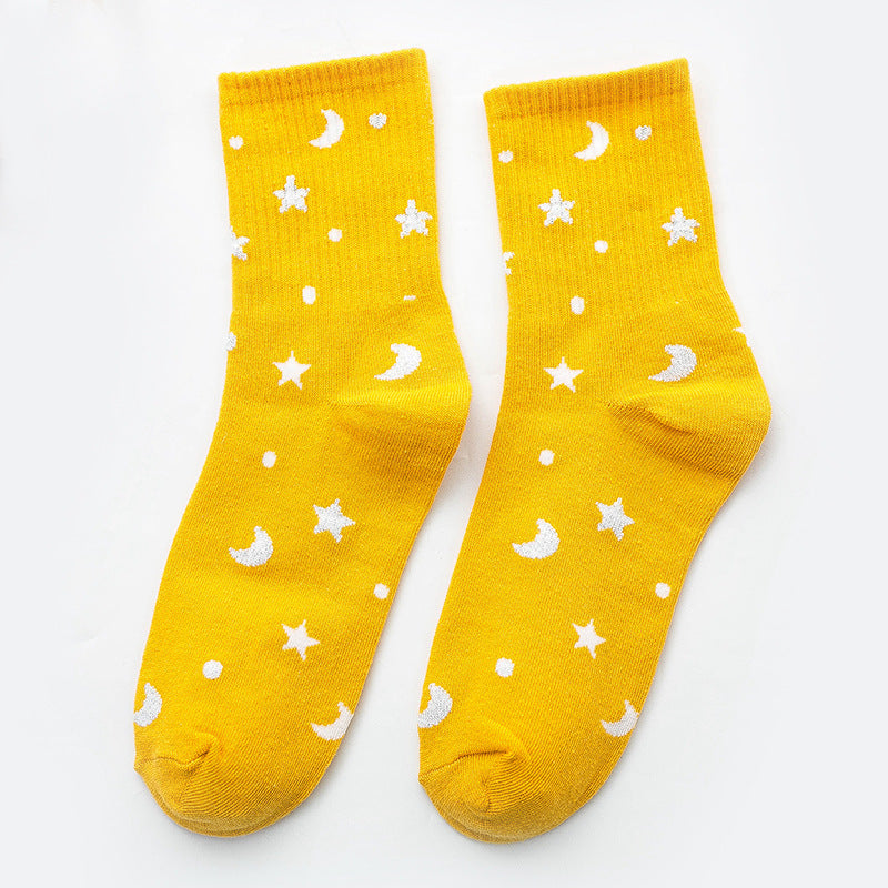 Stilvolle Damensocken aus silberner Seide mit Mond und Stern