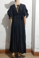Vestido largo de algodón y lino con botones frontales y lazo en la cintura