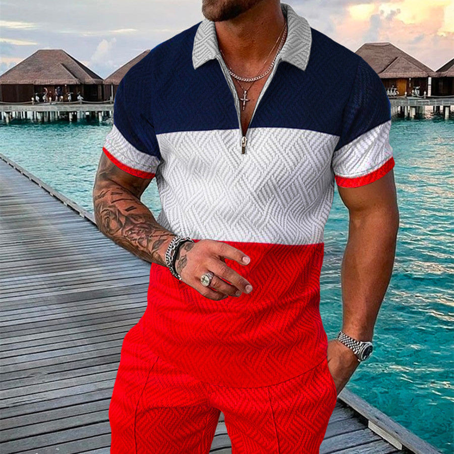 Men's Summer Fashion 3D Printed Short Sleeve Geometric Zip Lapel Shirt Set