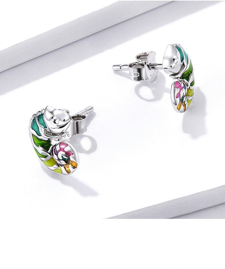 Sterling Silver S925 Chameleon Stud Colorful Drop Oil Plated Platinum Small Animal Fashion Earrings - Dazpy