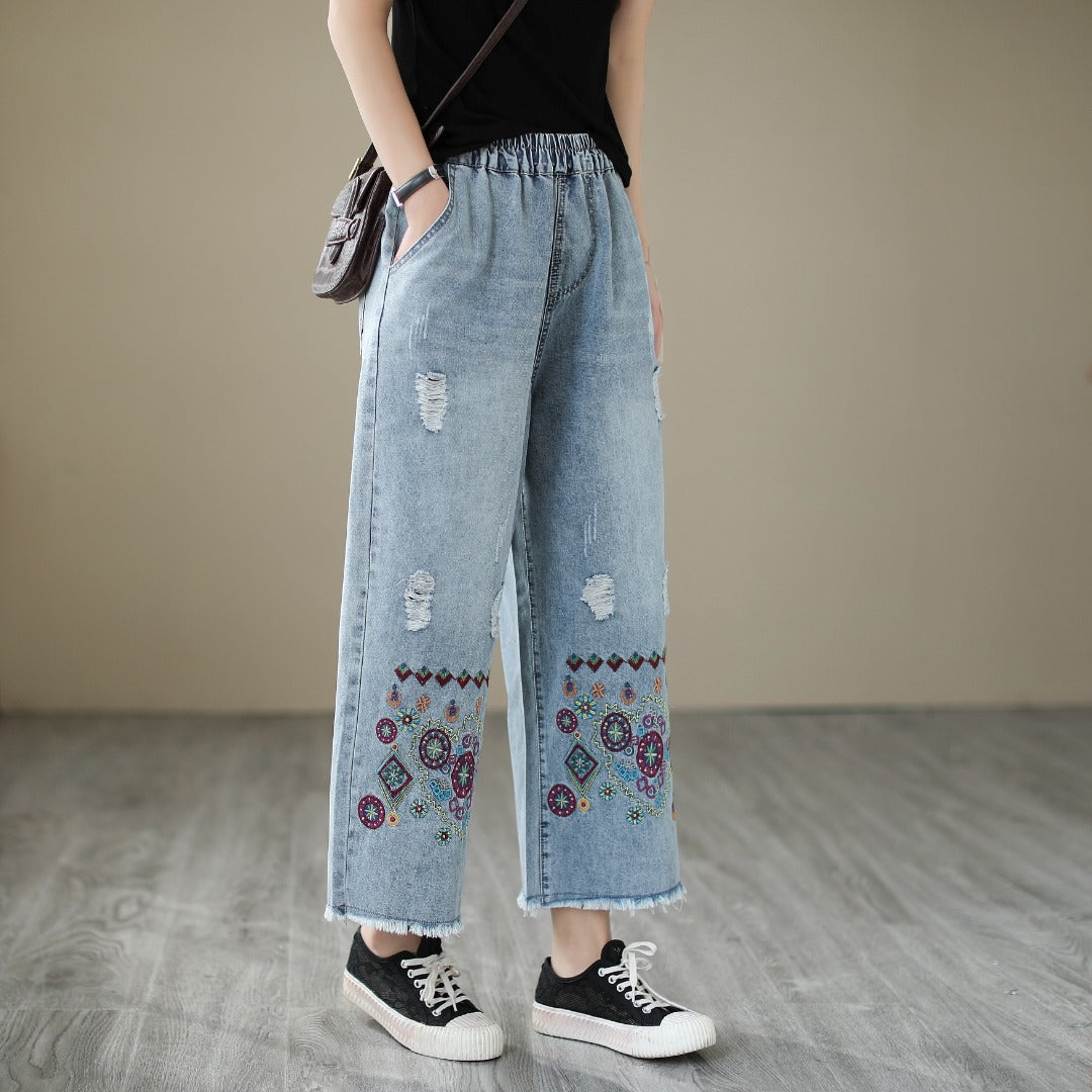 Embroidered Ripped Denim Straight Jeans