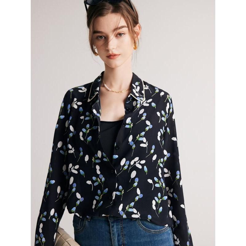 Chic Navy Floral Silk Blouse