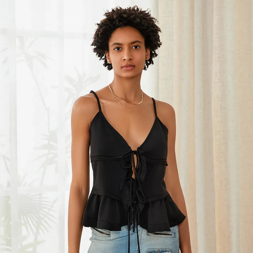 Ärmelloses Camisole-Top mit V-Ausschnitt und Bindeband für Damen