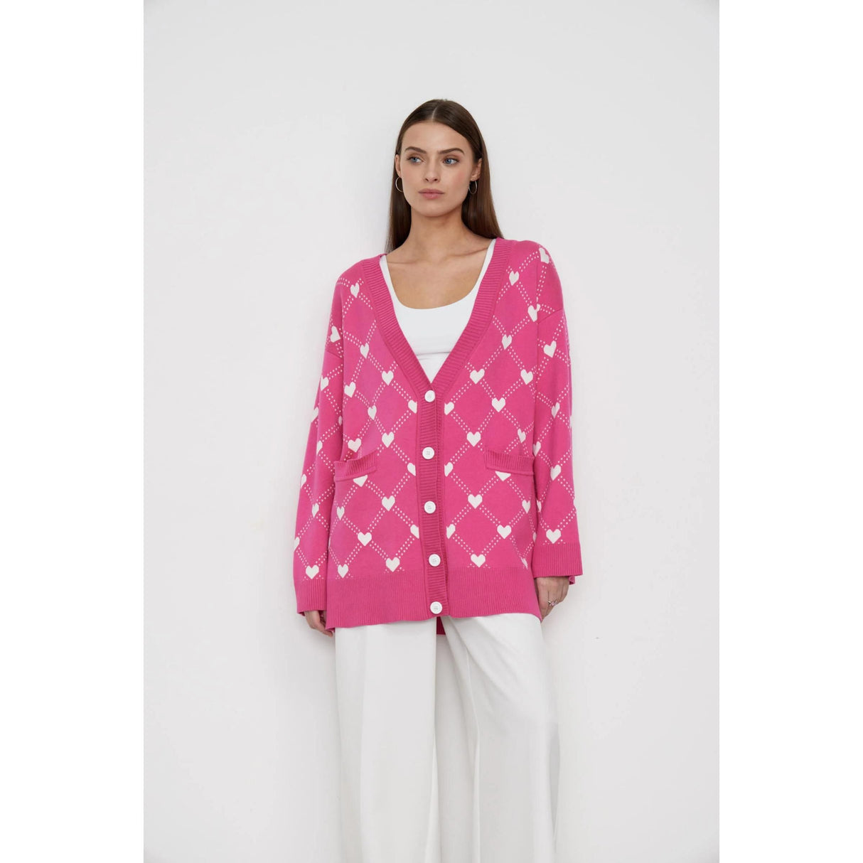 Women's Oversized V-Neck Knitted Cardigan with Heart Print