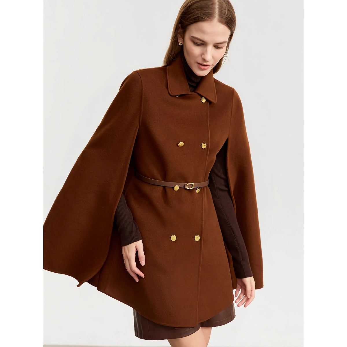 Women's Vintage Wool Cashmere Cape Coat with Leather Belt