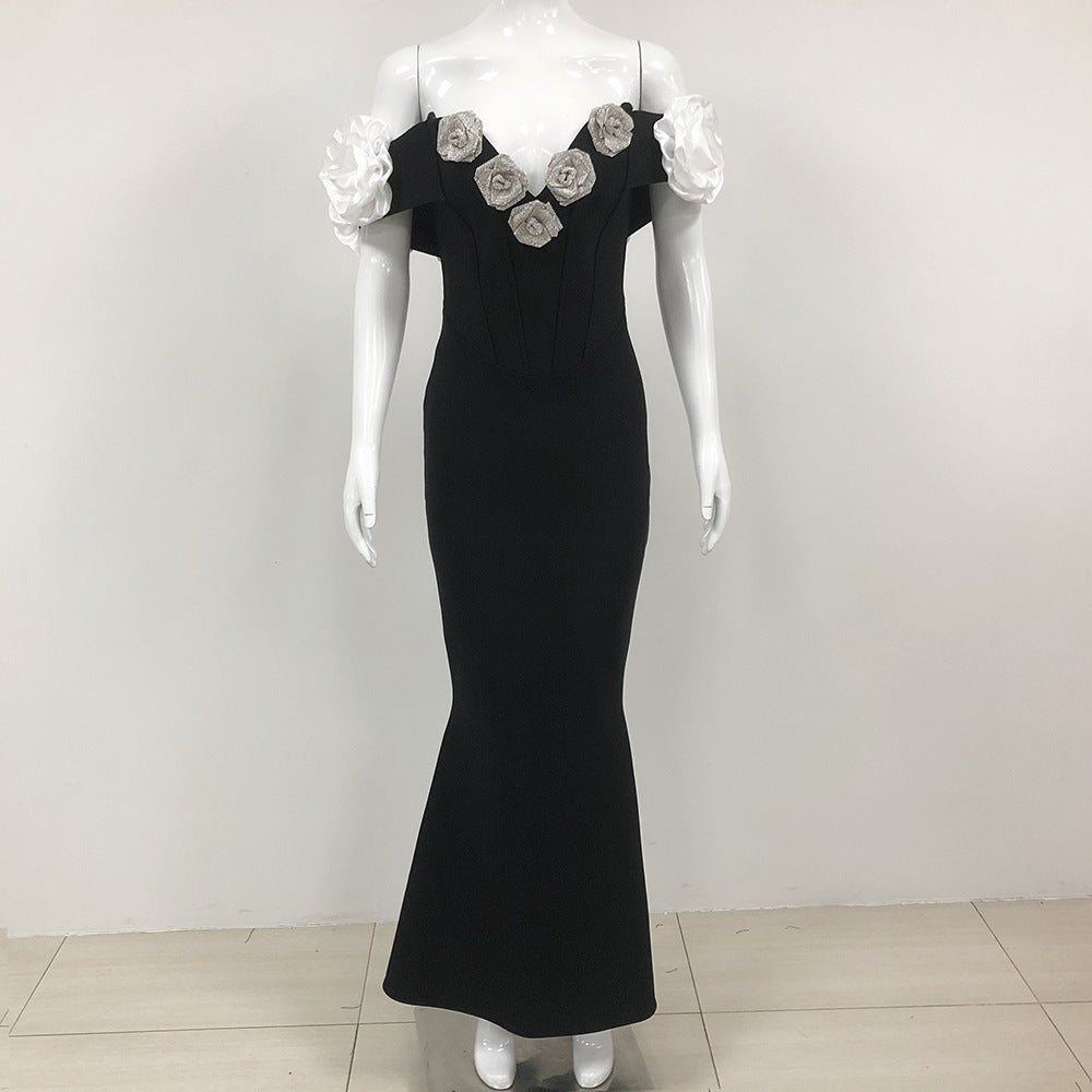 Vestido de fiesta negro con escote en forma de tubo y flores para mujer