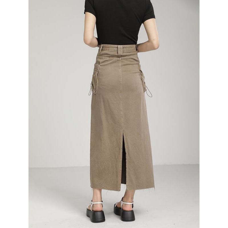 Autumn Vintage High Waist Denim Cargo Skirt with Pockets