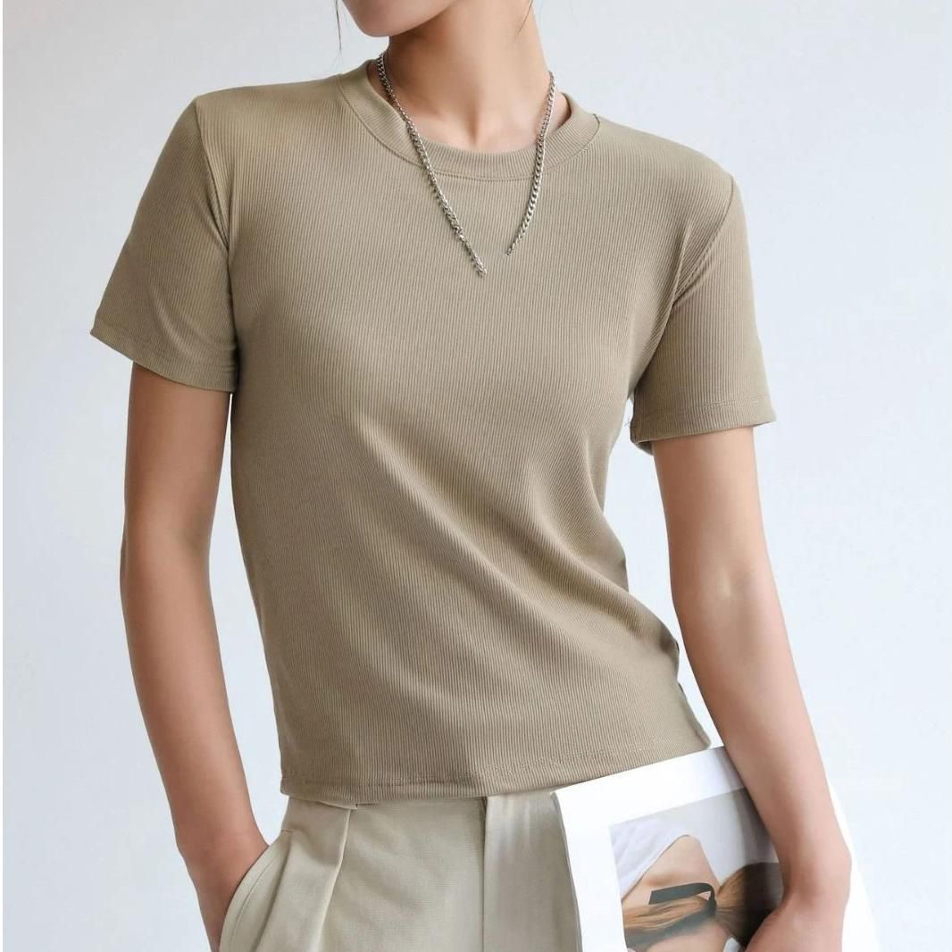 Camiseta de canalé con cuello redondo para mujer