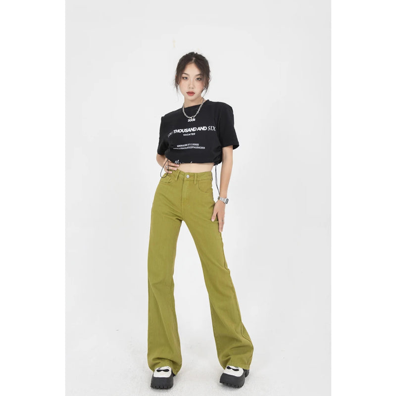 Pantalones De Mezclilla De Moda Coreana De Cintura Alta Verdes