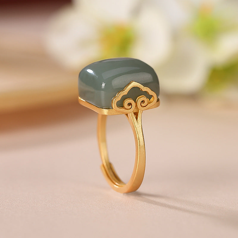 Women's Fashion Sterling Silver Gold Plated Hetian Jade Ring - Dazpy